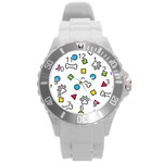 Dog Paw Seamless Pattern Footprint Bone Round Plastic Sport Watch (L)