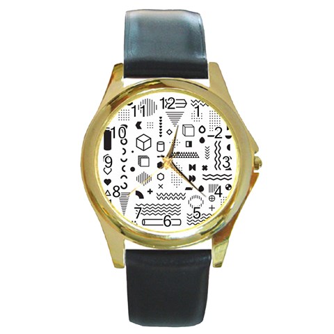 Pattern Hipster Abstract Form Geometric Line Variety Shapes Polkadots Fashion Style Seamless Round Gold Metal Watch from ArtsNow.com Front