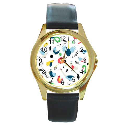 Vector Set Isolates With Cute Birds Scandinavian Style Round Gold Metal Watch from ArtsNow.com Front