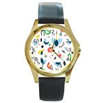 Vector Set Isolates With Cute Birds Scandinavian Style Round Gold Metal Watch