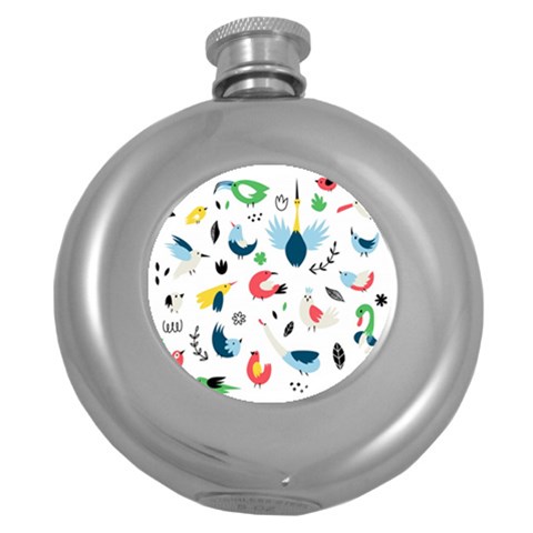 Vector Set Isolates With Cute Birds Scandinavian Style Round Hip Flask (5 oz) from ArtsNow.com Front