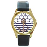 Anchor Background Design Round Gold Metal Watch