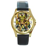 Cowboy Skeleton With Gun Illustration Round Gold Metal Watch