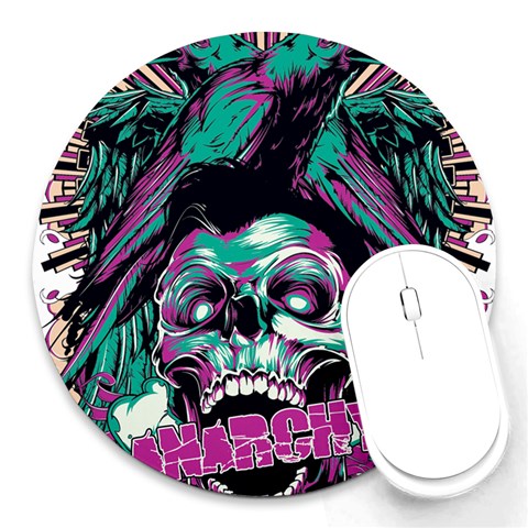Anarchy Skull And Birds Round Mousepad from ArtsNow.com Front