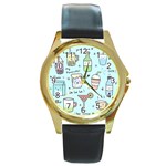 Drinks Cocktails Doodle Coffee Round Gold Metal Watch