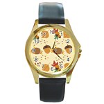 Leaves Foliage Acorns Barrel Round Gold Metal Watch