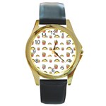 Fries Taco Pattern Fast Food Round Gold Metal Watch