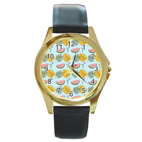 Summer Pattern Texture Vibes Round Gold Metal Watch from ArtsNow.com Front