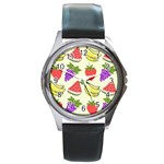 Fruits Pattern Background Food Round Metal Watch