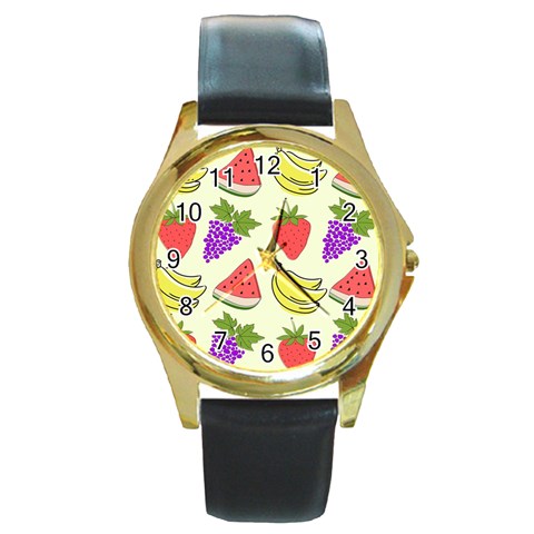 Fruits Pattern Background Food Round Gold Metal Watch from ArtsNow.com Front