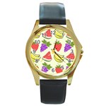 Fruits Pattern Background Food Round Gold Metal Watch