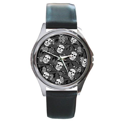 Skull Skeleton Pattern Texture Round Metal Watch from ArtsNow.com Front