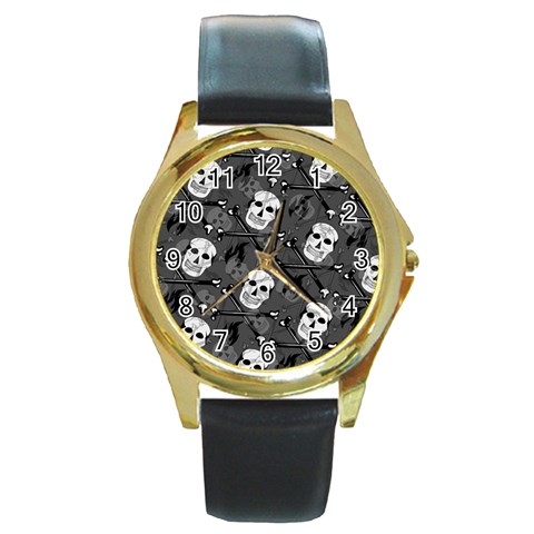 Skull Skeleton Pattern Texture Round Gold Metal Watch from ArtsNow.com Front