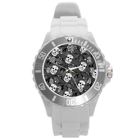 Skull Skeleton Pattern Texture Round Plastic Sport Watch (L) from ArtsNow.com Front