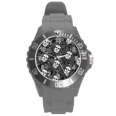 Skull Skeleton Pattern Texture Round Plastic Sport Watch (L) from ArtsNow.com Front