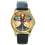 Tree Cosmic Spiritual Meditation Round Gold Metal Watch