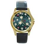 Snowflakes Winter Snow Round Gold Metal Watch