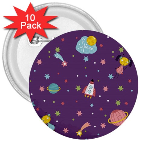 Space Travels Seamless Pattern Vector Cartoon 3  Buttons (10 pack)  from ArtsNow.com Front