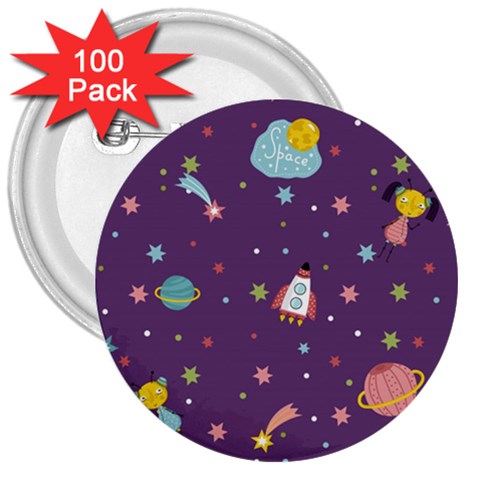 Space Travels Seamless Pattern Vector Cartoon 3  Buttons (100 pack)  from ArtsNow.com Front