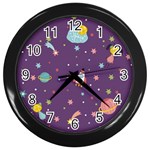 Space Travels Seamless Pattern Vector Cartoon Wall Clock (Black)