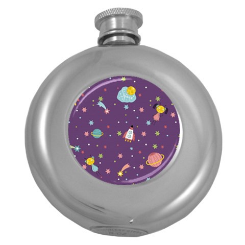 Space Travels Seamless Pattern Vector Cartoon Round Hip Flask (5 oz) from ArtsNow.com Front