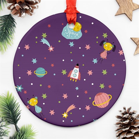 Space Travels Seamless Pattern Vector Cartoon Round Ornament (Two Sides) from ArtsNow.com Front