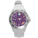 Space Travels Seamless Pattern Vector Cartoon Round Plastic Sport Watch (L)