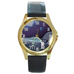 Alien Astronaut Scene Round Gold Metal Watch