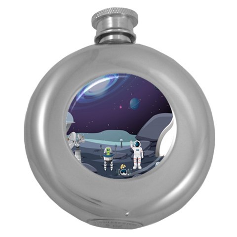 Alien Astronaut Scene Round Hip Flask (5 oz) from ArtsNow.com Front