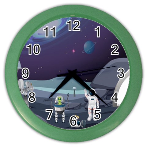 Alien Astronaut Scene Color Wall Clock from ArtsNow.com Front