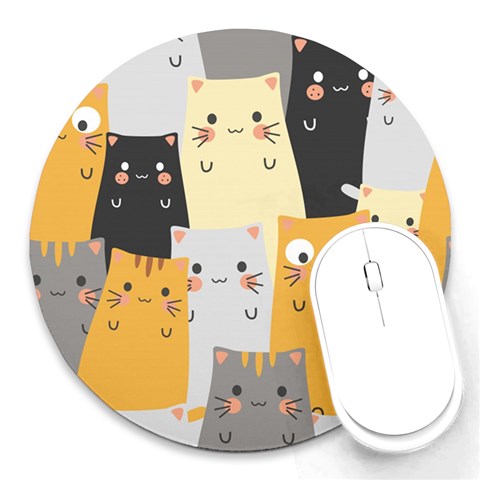 Seamless Pattern Cute Cat Cartoons Round Mousepad from ArtsNow.com Front