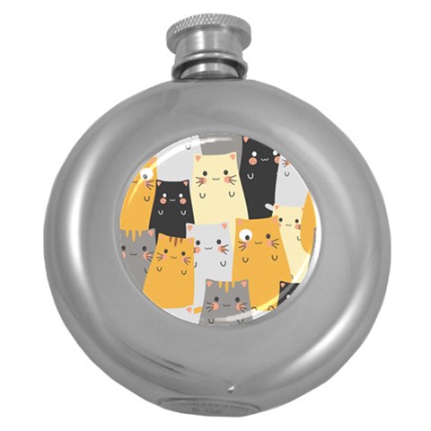 Seamless Pattern Cute Cat Cartoons Round Hip Flask (5 oz) from ArtsNow.com Front