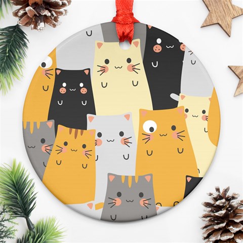 Seamless Pattern Cute Cat Cartoons Round Ornament (Two Sides) from ArtsNow.com Front