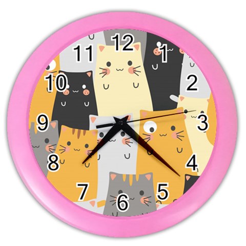 Seamless Pattern Cute Cat Cartoons Color Wall Clock from ArtsNow.com Front