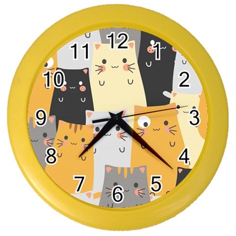 Seamless Pattern Cute Cat Cartoons Color Wall Clock from ArtsNow.com Front