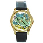 Fish Hook Worm Bait Water Hobby Round Gold Metal Watch