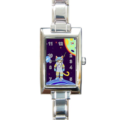 Cat Astronaut Space Retro Universe Rectangle Italian Charm Watch from ArtsNow.com Front