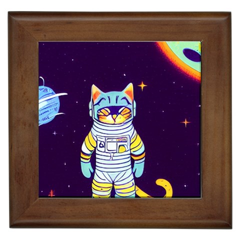 Cat Astronaut Space Retro Universe Framed Tile from ArtsNow.com Front