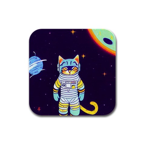 Cat Astronaut Space Retro Universe Rubber Square Coaster (4 pack) from ArtsNow.com Front