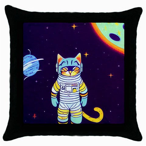 Cat Astronaut Space Retro Universe Throw Pillow Case (Black) from ArtsNow.com Front