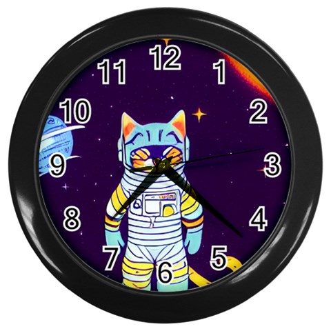 Cat Astronaut Space Retro Universe Wall Clock (Black) from ArtsNow.com Front
