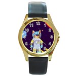 Cat Astronaut Space Retro Universe Round Gold Metal Watch