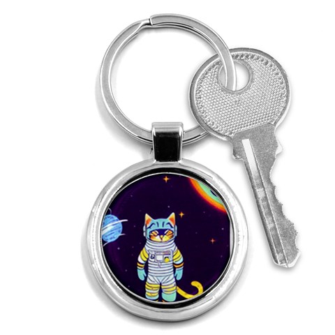 Cat Astronaut Space Retro Universe Key Chain (Round) from ArtsNow.com Front