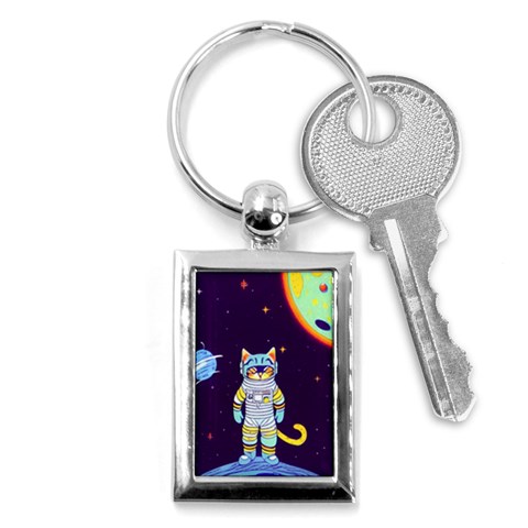 Cat Astronaut Space Retro Universe Key Chain (Rectangle) from ArtsNow.com Front
