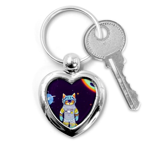 Cat Astronaut Space Retro Universe Key Chain (Heart) from ArtsNow.com Front