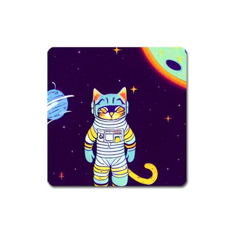 Cat Astronaut Space Retro Universe Square Magnet from ArtsNow.com Front