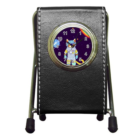 Cat Astronaut Space Retro Universe Pen Holder Desk Clock from ArtsNow.com Front