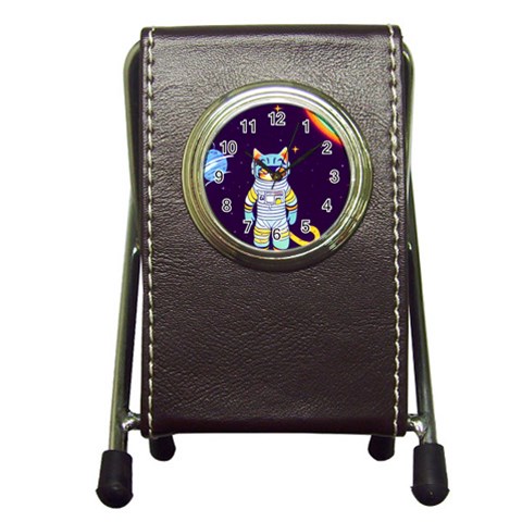 Cat Astronaut Space Retro Universe Pen Holder Desk Clock from ArtsNow.com Front