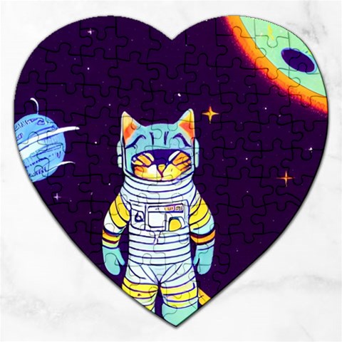 Cat Astronaut Space Retro Universe Jigsaw Puzzle (Heart) from ArtsNow.com Front
