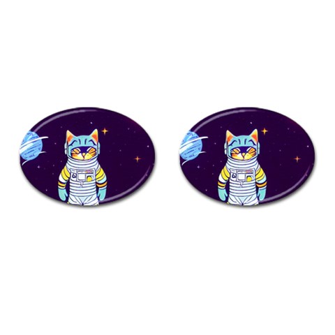 Cat Astronaut Space Retro Universe Cufflinks (Oval) from ArtsNow.com Front(Pair)